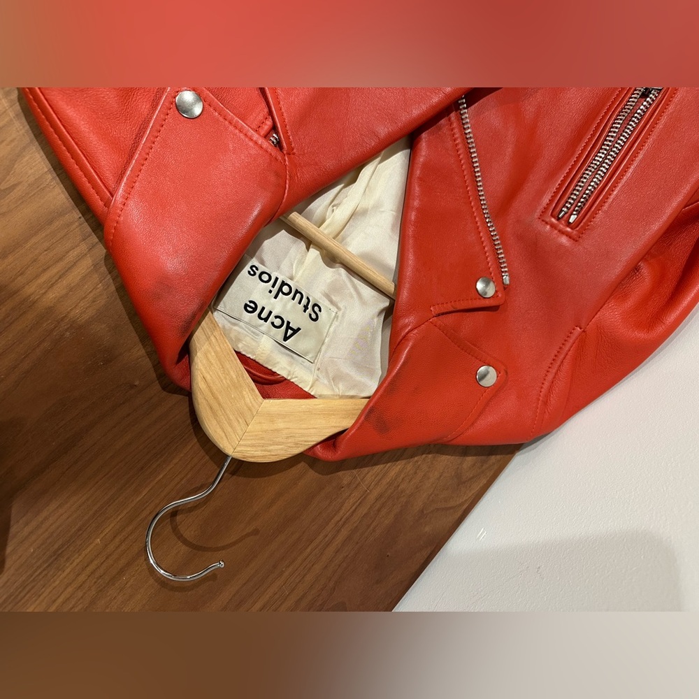 Iconic Acne Studios “Mock” orange leather moto jacket, size 36 - Picture 4 of 5